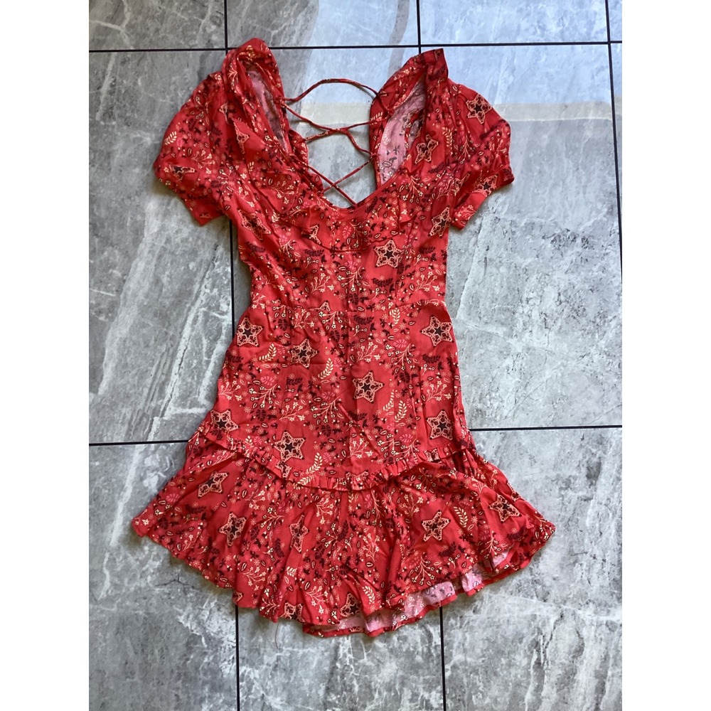 Spell & The Gypsy Collective Red Floral Star Lace Up Mini Dress XS Boho Ruffle